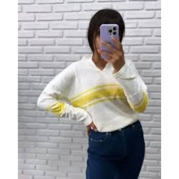 White + Warren‎ Yellow Striped V-Neck Cotton Sweater - Size M - Picture 1 of 6
